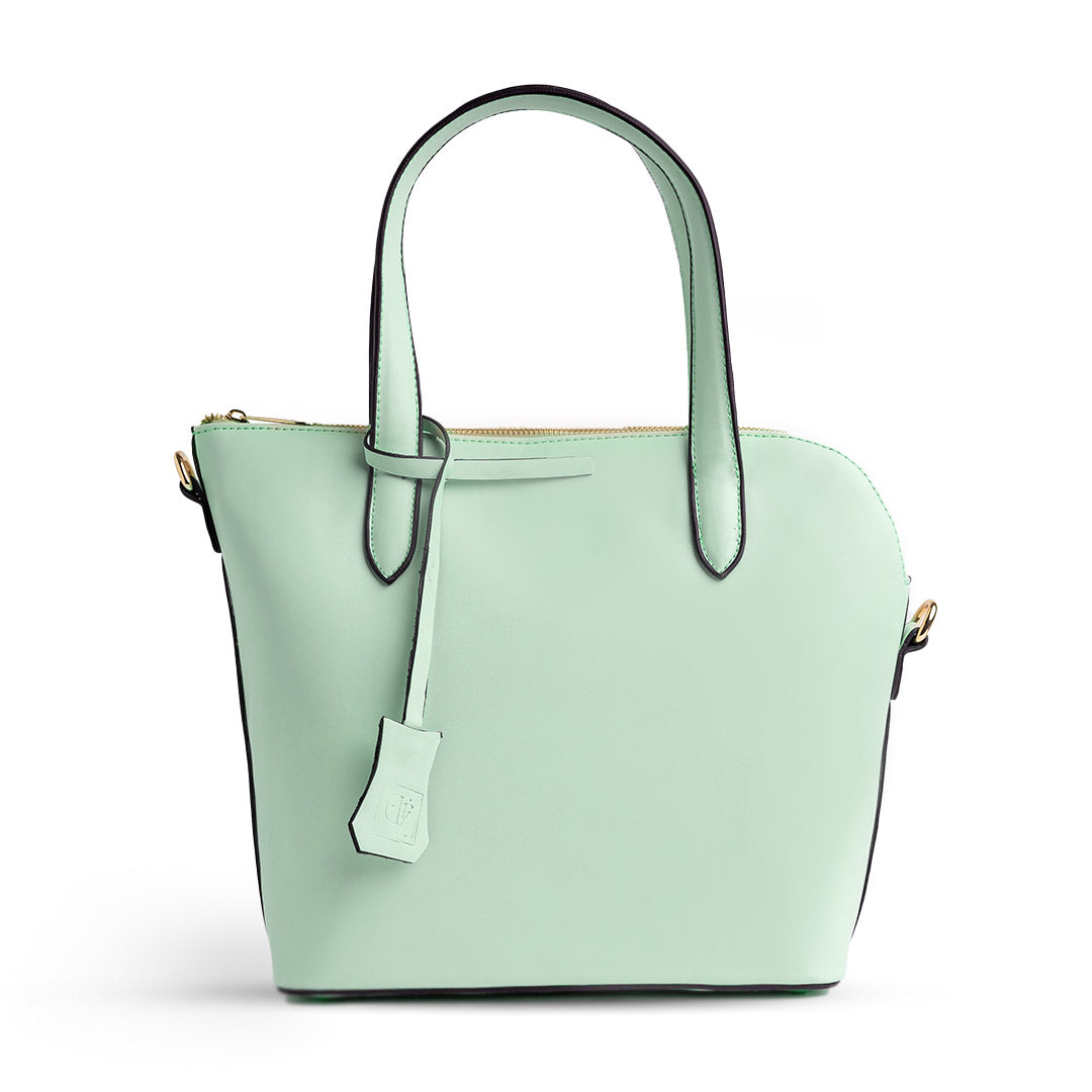 Plain Leather Box Shaped Bottom Tote Bag - GREEN