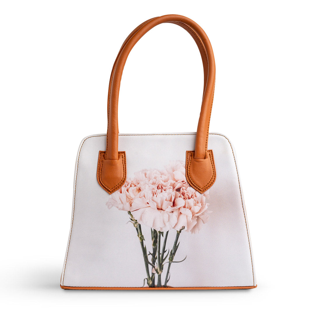 Printed Flower Handbag - CAMEL