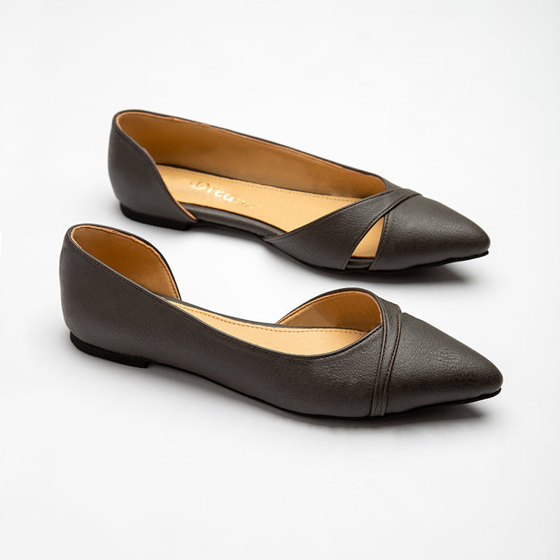 Side Opened Plain Leather Flats - Gray
