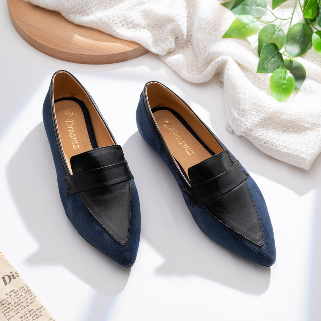 Leather × Suede Women Pointy Toe Flats With Low Heel - Blue