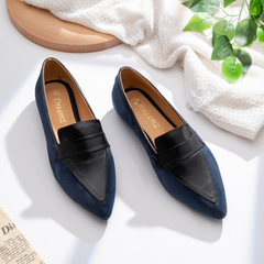 Leather × Suede Women Pointy Toe Flats With Low Heel - Blue