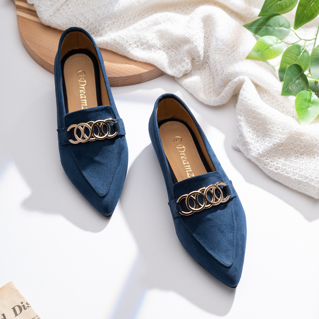 Plain Suede Women Pointy Toe Flats With Short Heel -  Blue