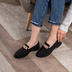 SuedeLike Leather Women Moc Toe Flats With Low Heel - Black