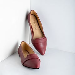 Upper Strap Plain Leather Pointy Flats - Maroon