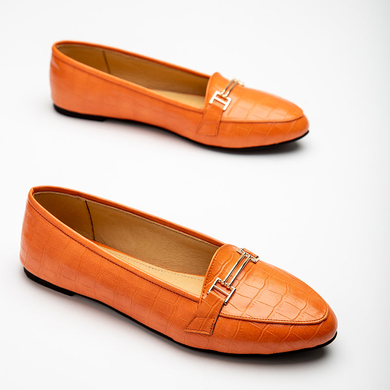 Croco Like Leather Rounded Toe Flats - Orange