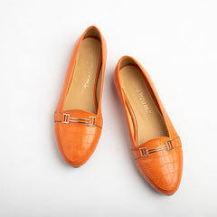 Croco Like Leather Rounded Toe Flats - Orange