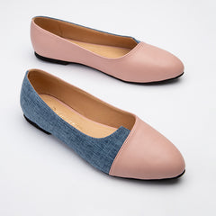 Double Layer Lenin & Leather Rounded Toe Flats - Pink