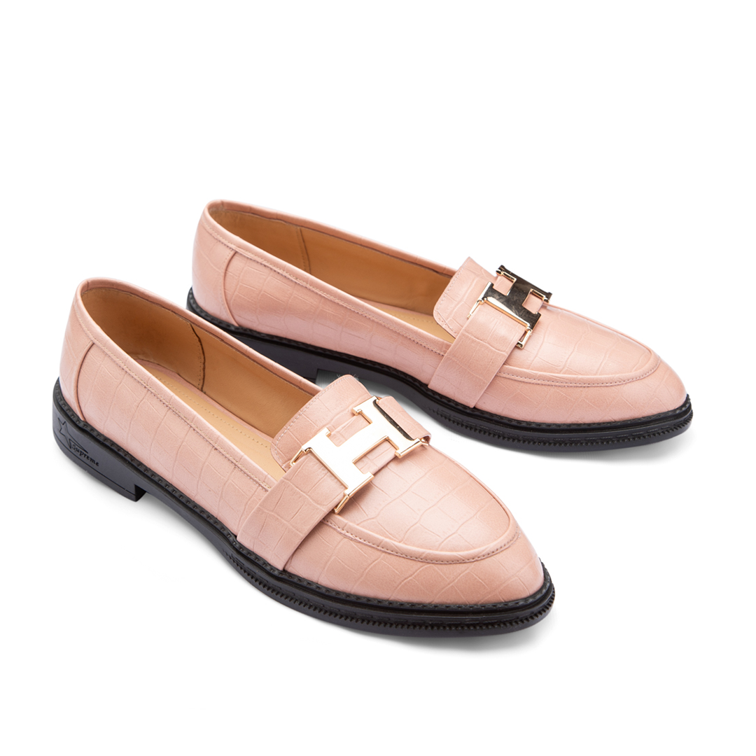 Letter " H " Women Croco Leather Flat Shoes with Low Heel - Pink