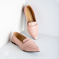 Plain Leather Strap Pointy Toe Flats - Pink