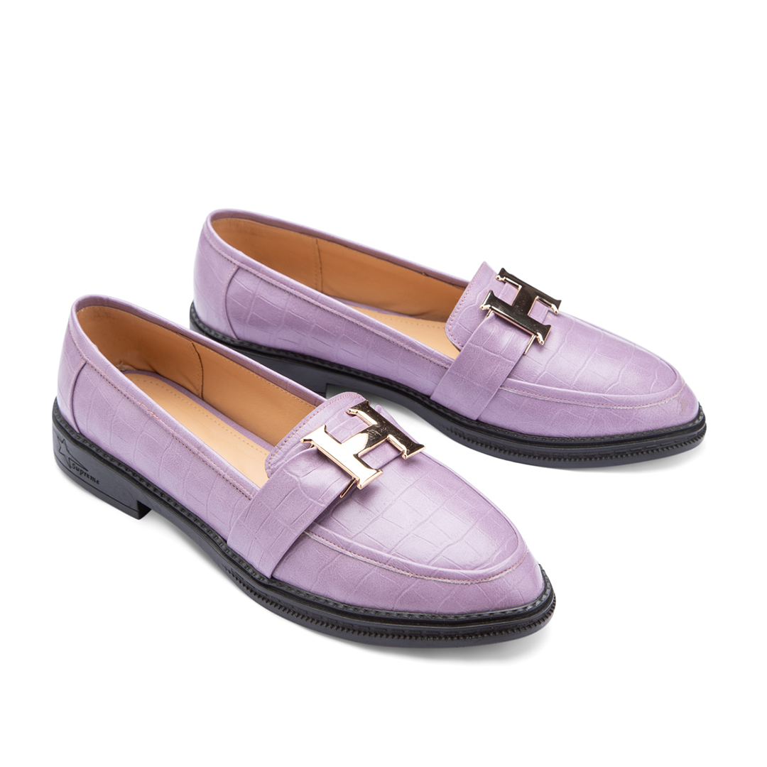 Letter " H " Women Croco Leather Flat Shoes with Low Heel - Purple
