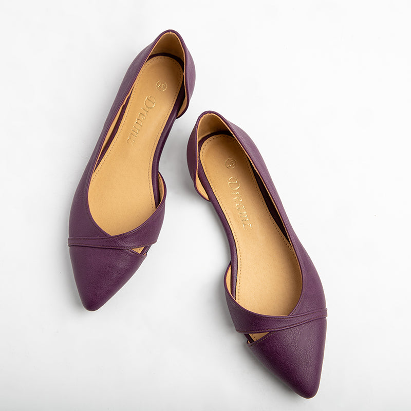 Side Opened Plain Leather Flats - Purple