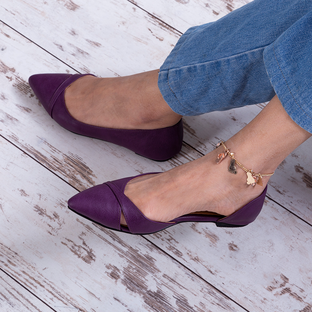 Side Opened Plain Leather Flats - Purple