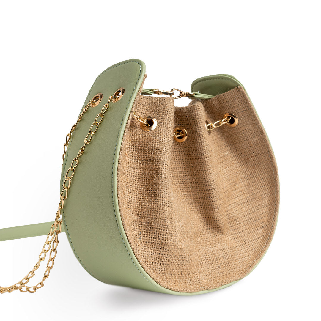 Burlap × Plain Leather Rounded Cross Bag - GREEN