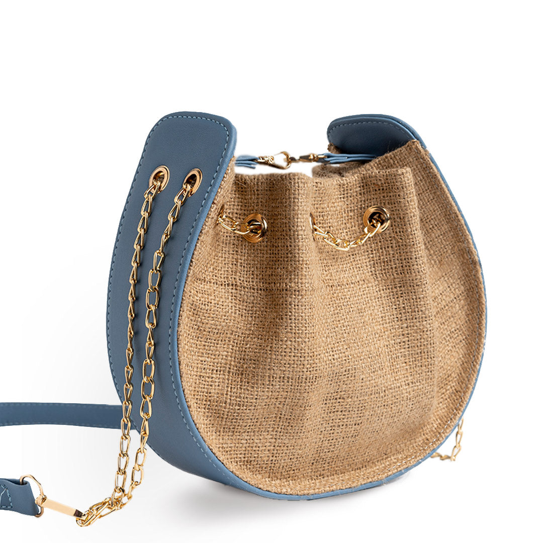 Burlap × Plain Leather Rounded Cross Bag - BLUE