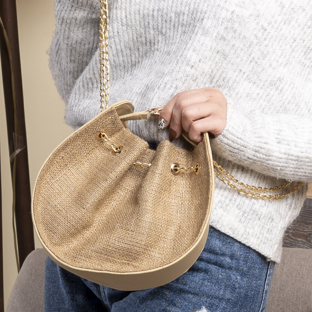 Burlap × Plain Leather Rounded Cross Bag - BEIGE