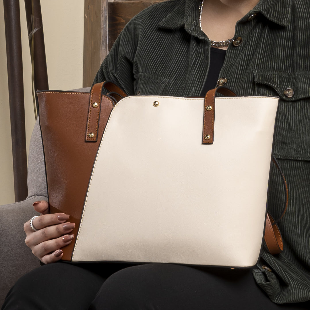 Double Split Layer Plain Leather Tote Bag - CAMEL X BEIGE