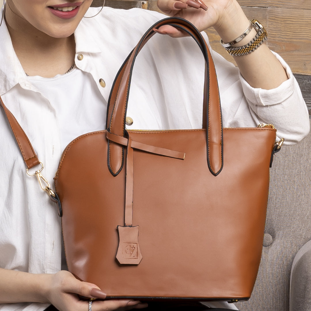 Plain Leather Box Shaped Bottom Tote Bag - CAMEL