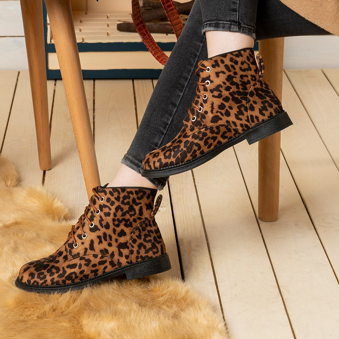Tiger Suede Lace Up Fur Lined Half Boots