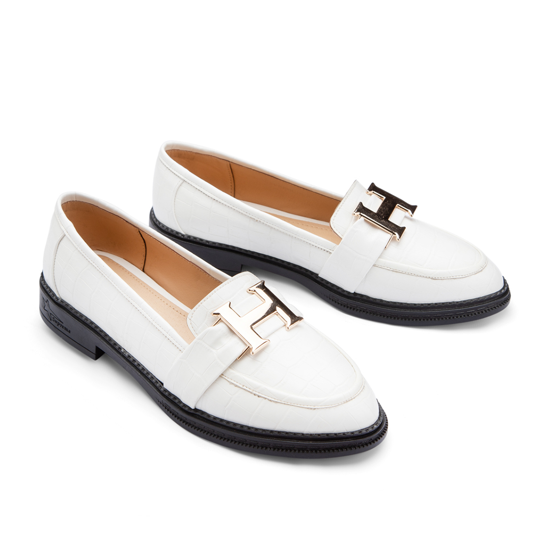 Letter " H " Women Croco Leather Flat Shoes with Low Heel - White