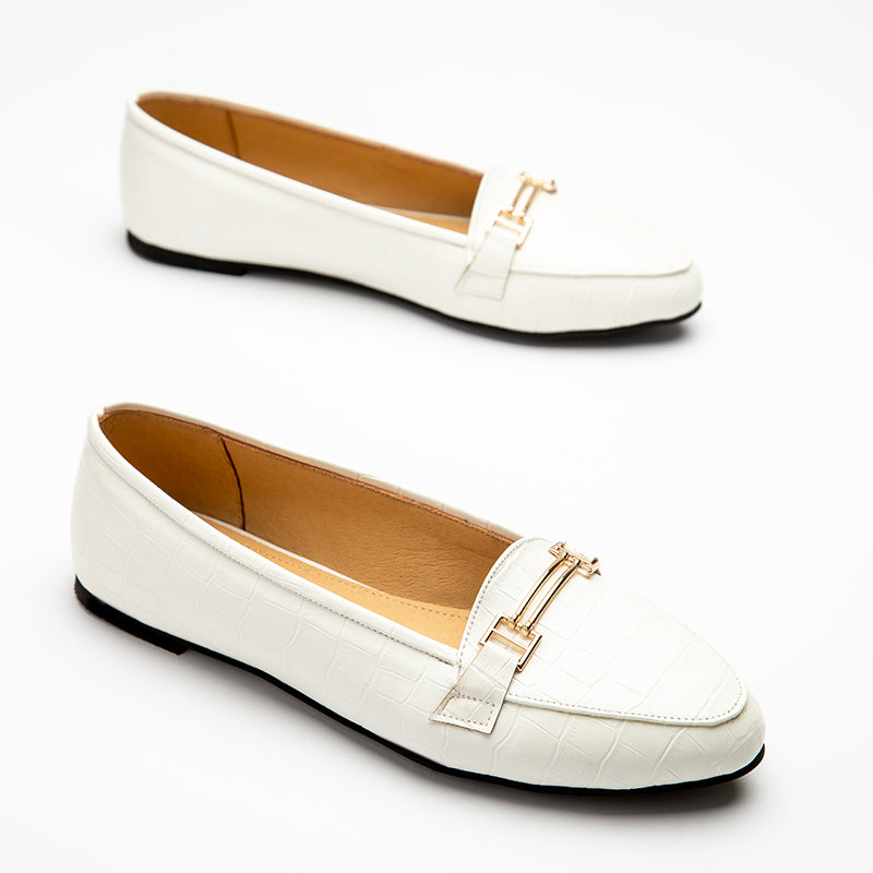 Croco Like Leather Rounded Toe Flats - White