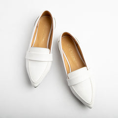 Plain Leather Strap Pointy Toe Flats - White