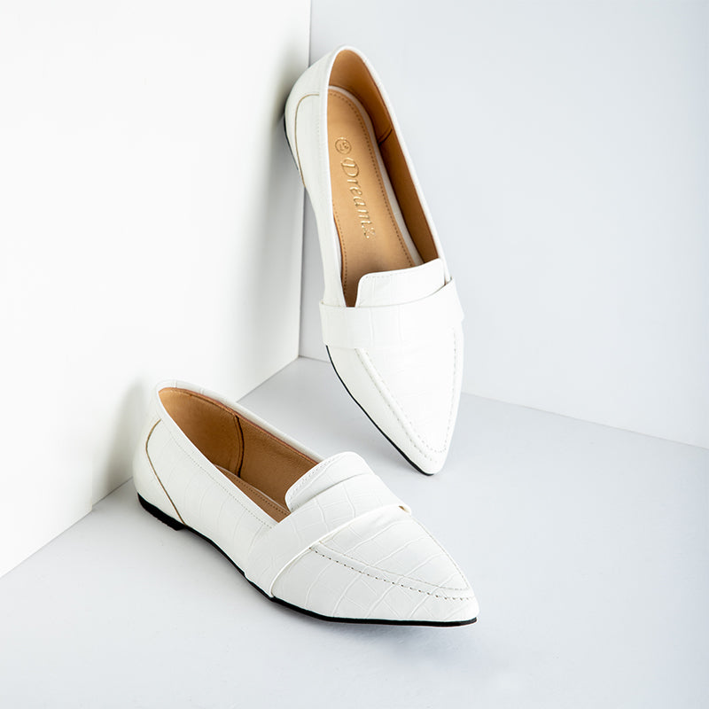 Croco Like Strap Leather Pointy Toe Flats - White