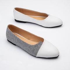 Double Layer Lenin & Leather Rounded Toe Flats - White