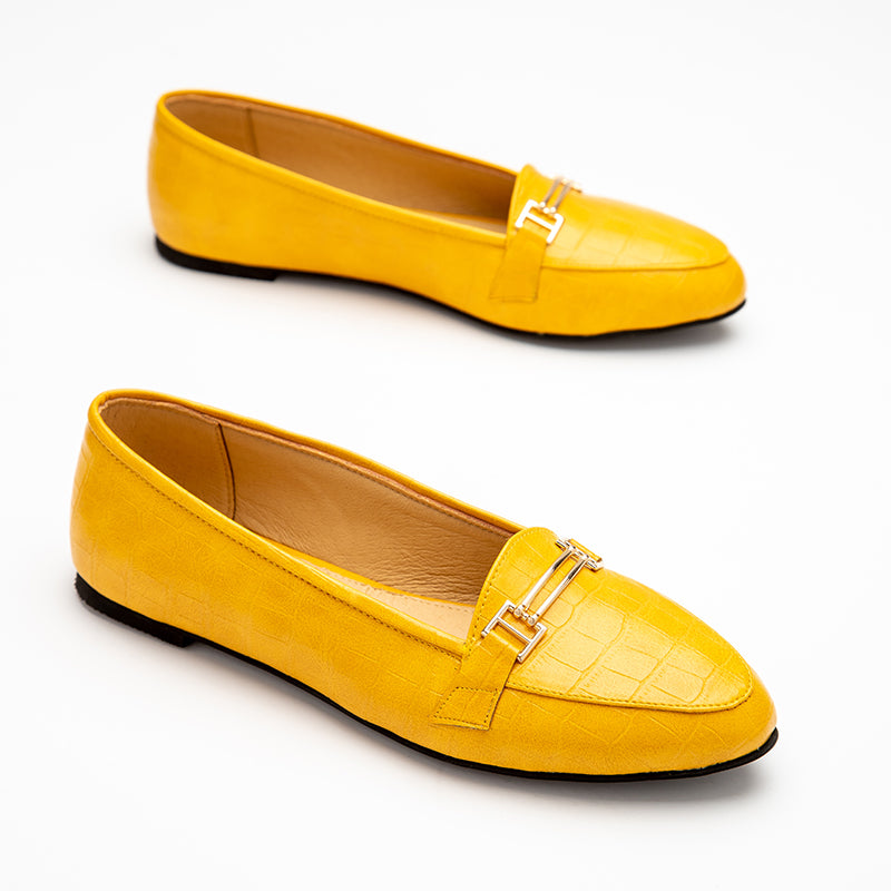 Croco Like Leather Rounded Toe Flats - Yellow