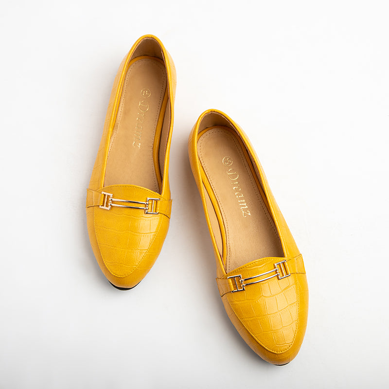 Croco Like Leather Rounded Toe Flats - Yellow