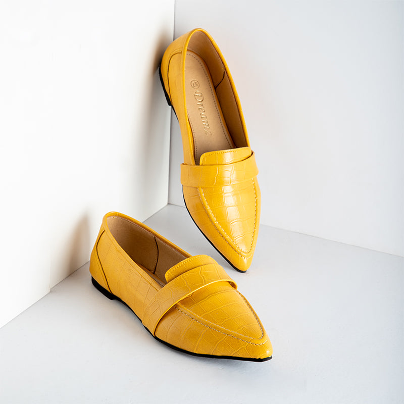 Croco Like Strap Leather Pointy Toe Flats - Yellow